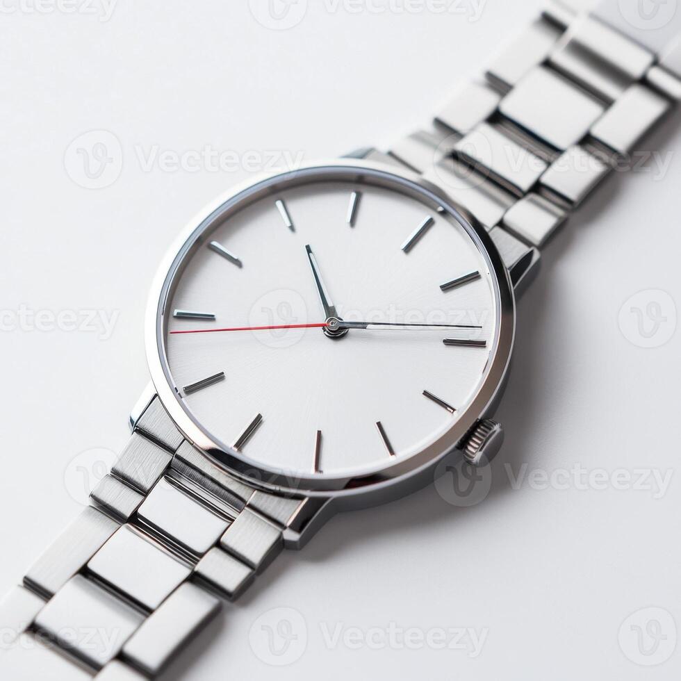 Elegant silver watch with white dial and minimalist design displayed on a light background photo