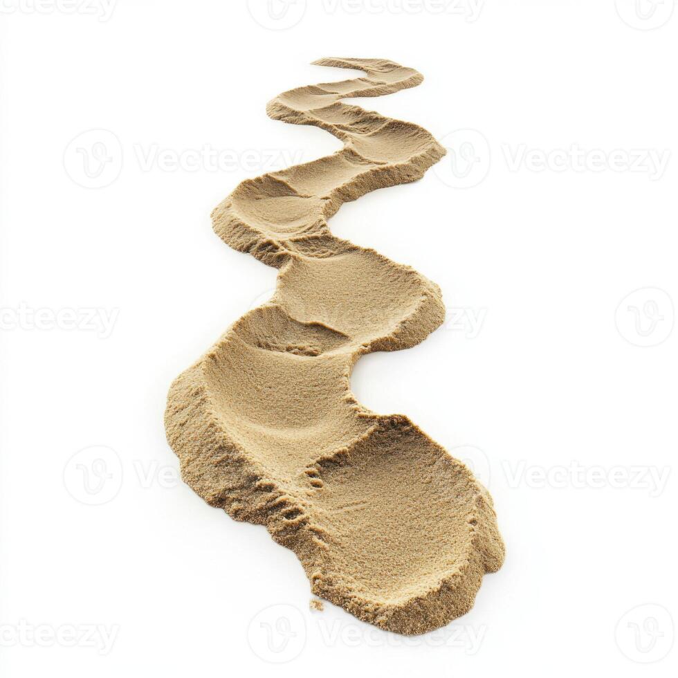 Footprints in fine sand create a winding path across a white background, reflecting nature's mystique and calmness photo