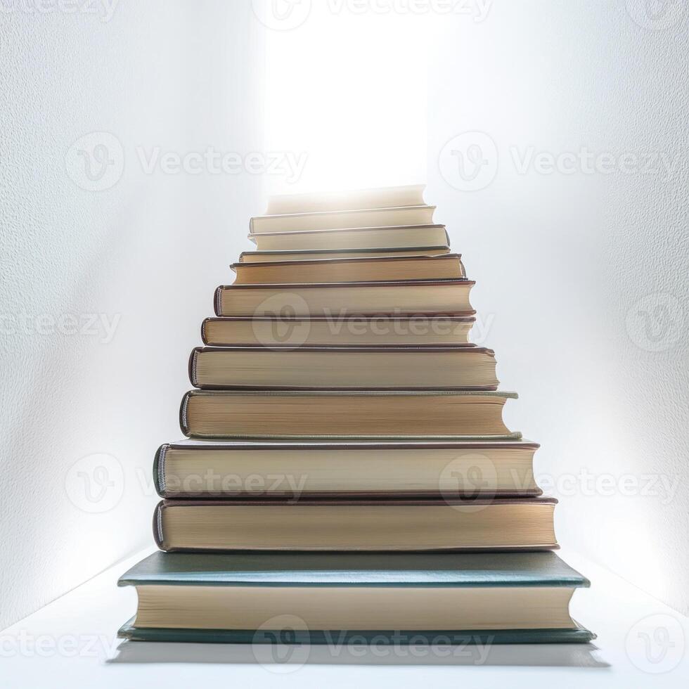 Books arranged in a staircase formation leading towards a bright light photo