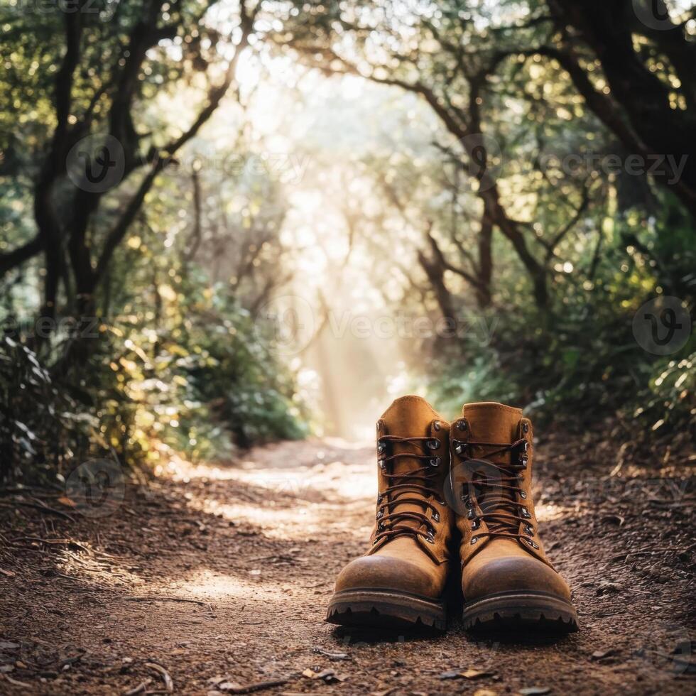 Footwear left on a trail as sunlight filters through trees in a serene forest landscape during midday photo