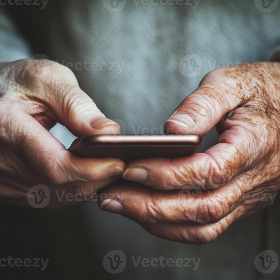 Elderly hands holding a smartphone while navigating technology in a cozy indoor setting photo