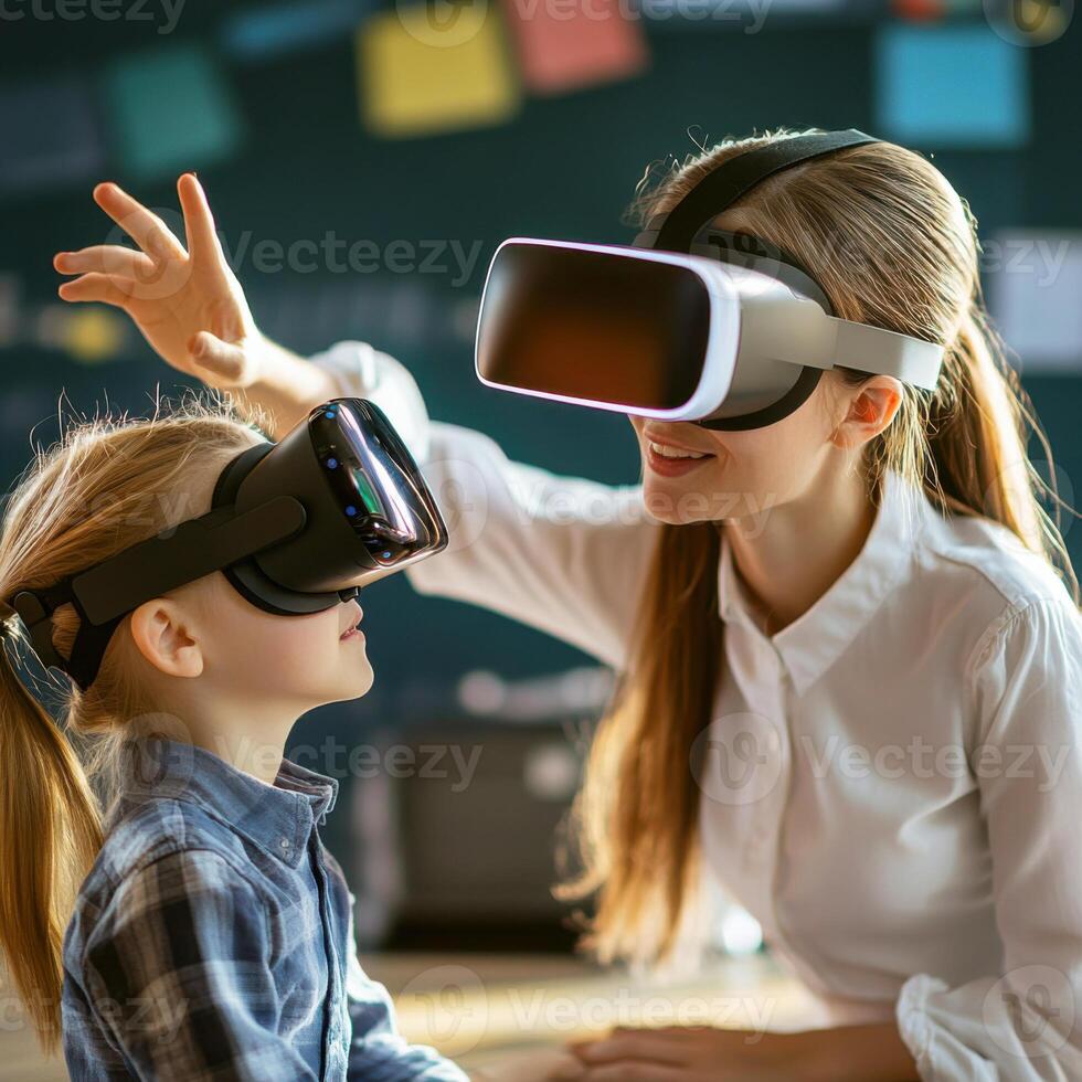 Engaging virtual reality experience between a mother and daughter in a classroom setting photo