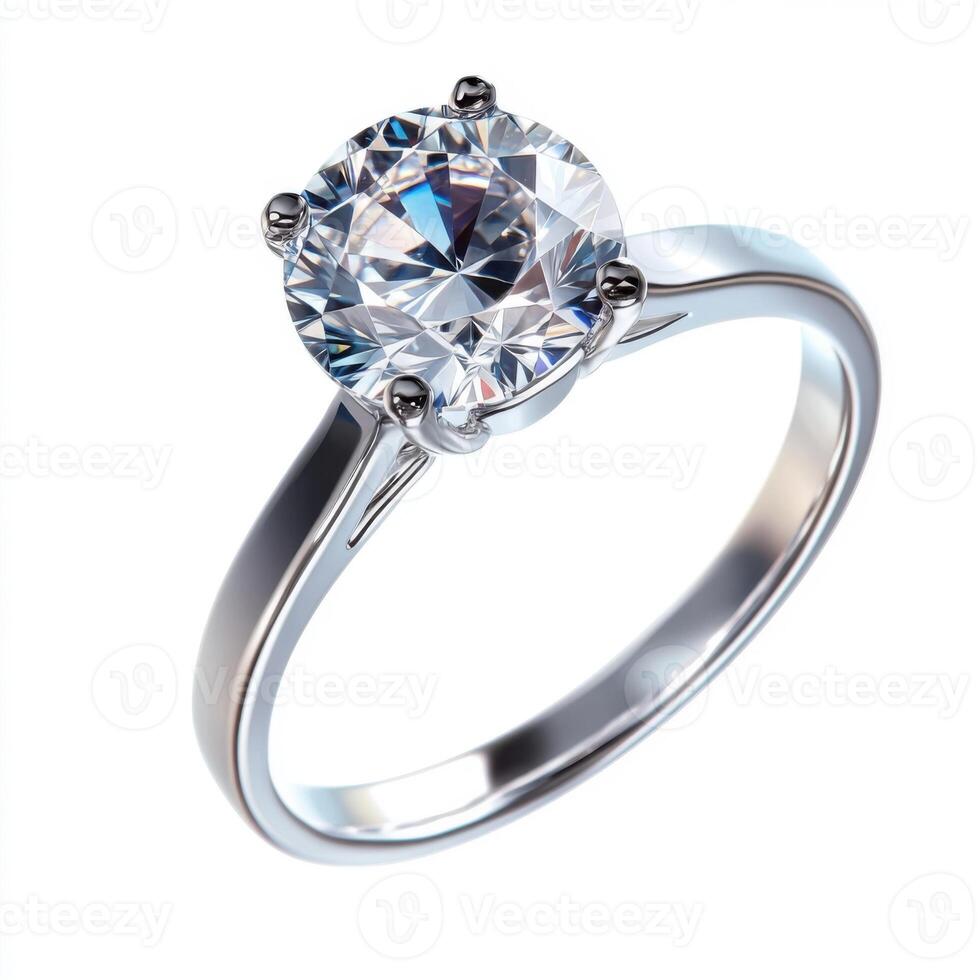 Sparkling diamond engagement ring displayed on a white background highlighting its brilliance and elegance photo