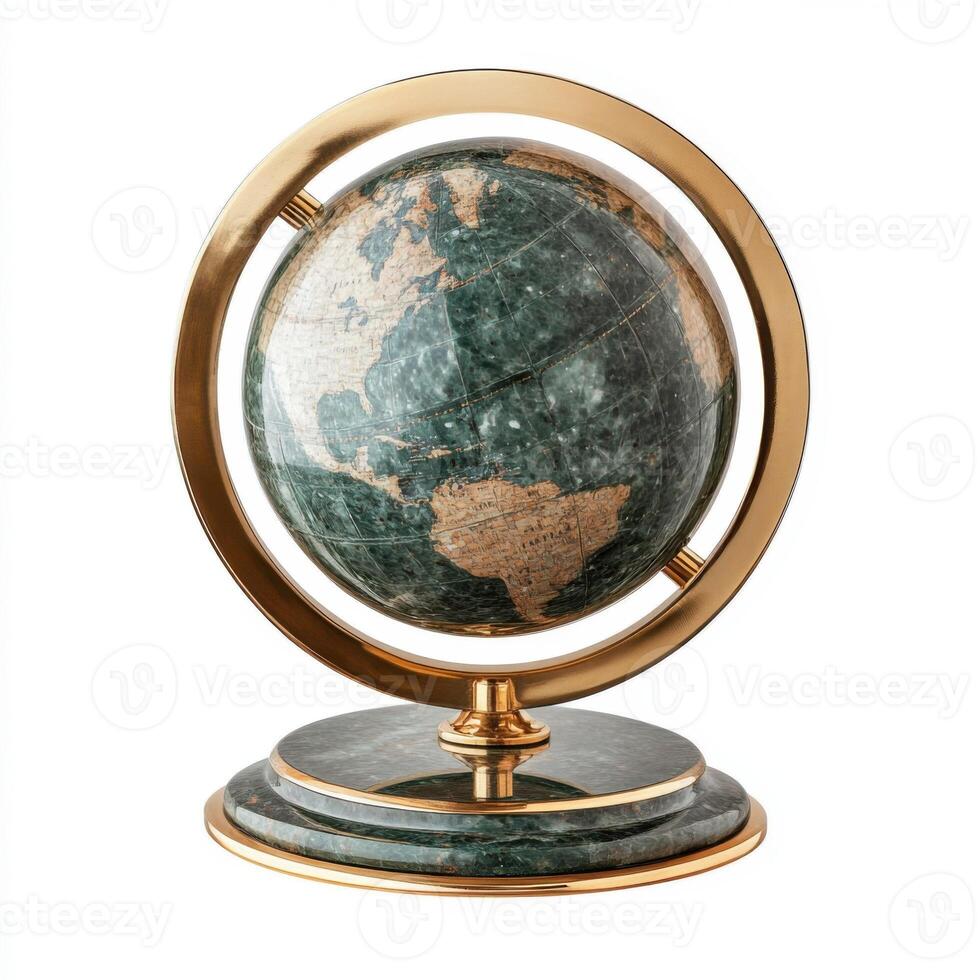 Decorative globe showcasing continents detailed with golden accents on a marble base photo