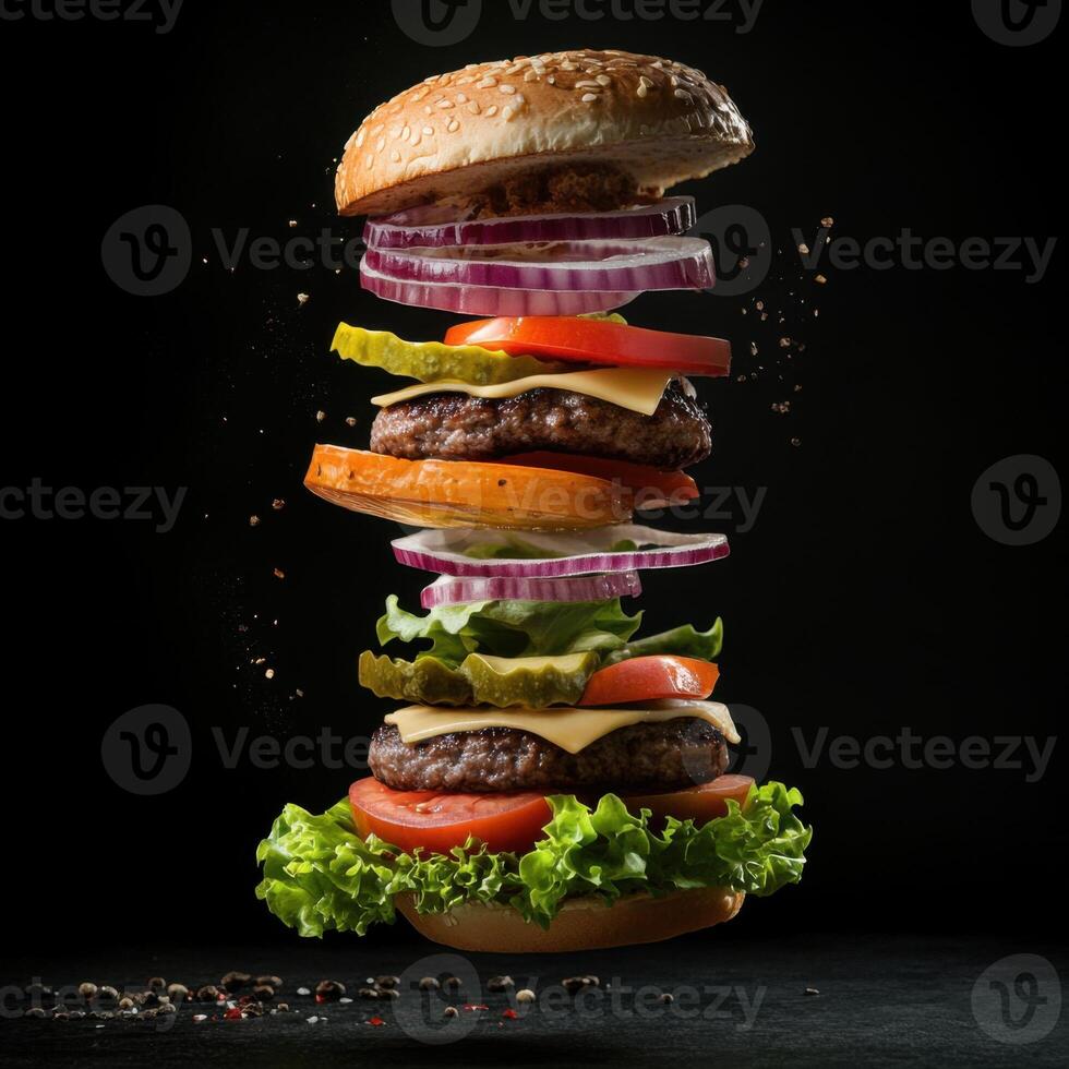 Juicy burger stacked high with fresh ingredients against a dark background creating a vibrant culinary masterpiece photo