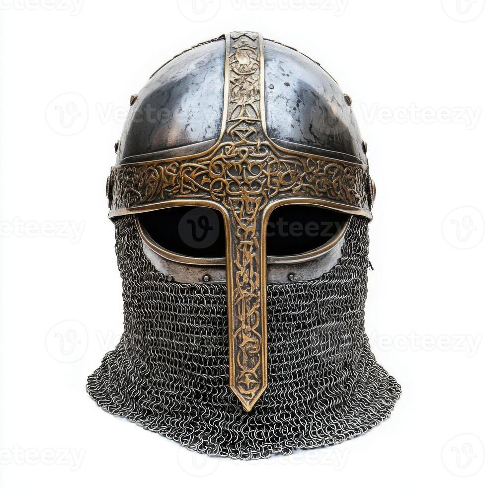 Historical knight helmet with intricate designs and chainmail displayed in a neutral background photo