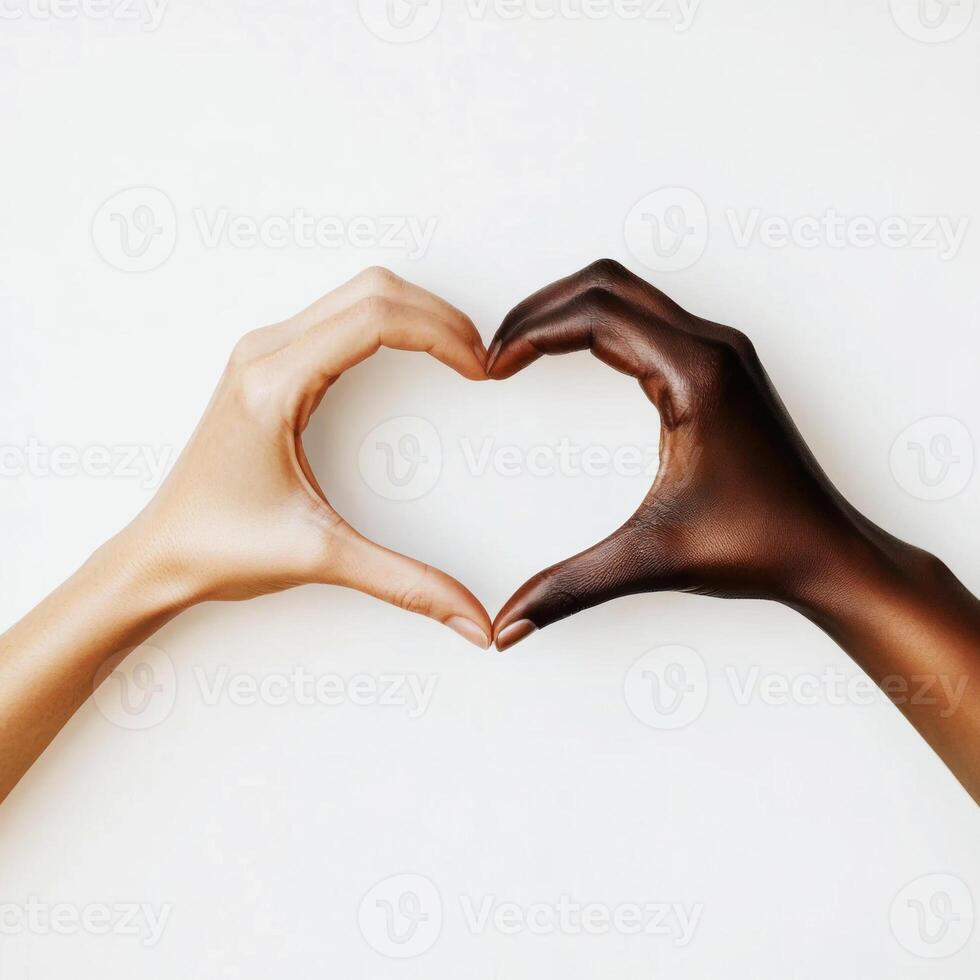Hands creating a heart shape symbolize love and unity between different skin tones in a harmonious setting photo