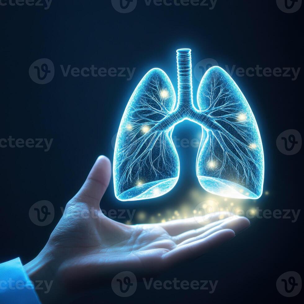 Glowing digital representation of human lungs being held in a hand with sparkles photo