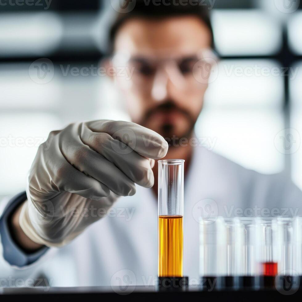 Scientist conducts experiment with test tubes in laboratory during bright daylight hours photo