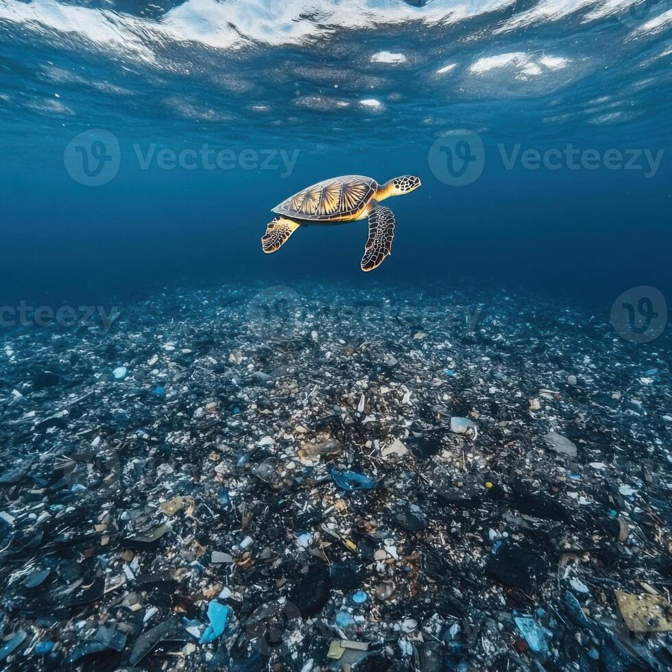Ocean turtle swims over large expanse of plastic debris in the ocean during daylight photo
