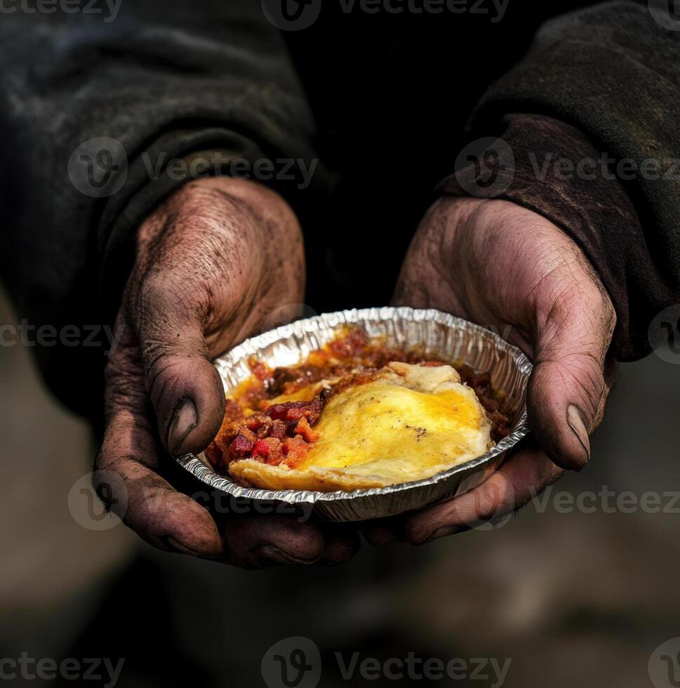 Hands holding a plate of food, showcasing resilience and the impact of poverty in a street setting during daytime photo