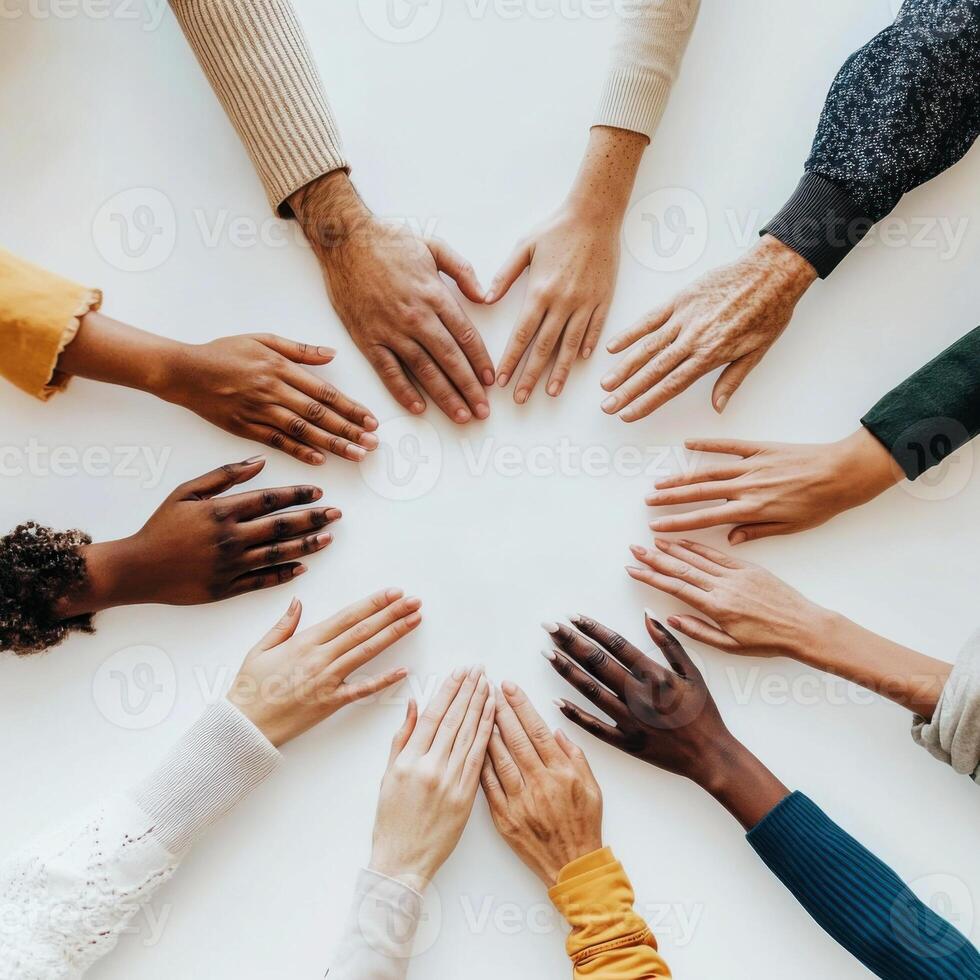 Diverse hands forming a circle on a light surface to symbolize unity and collaboration among different cultures photo