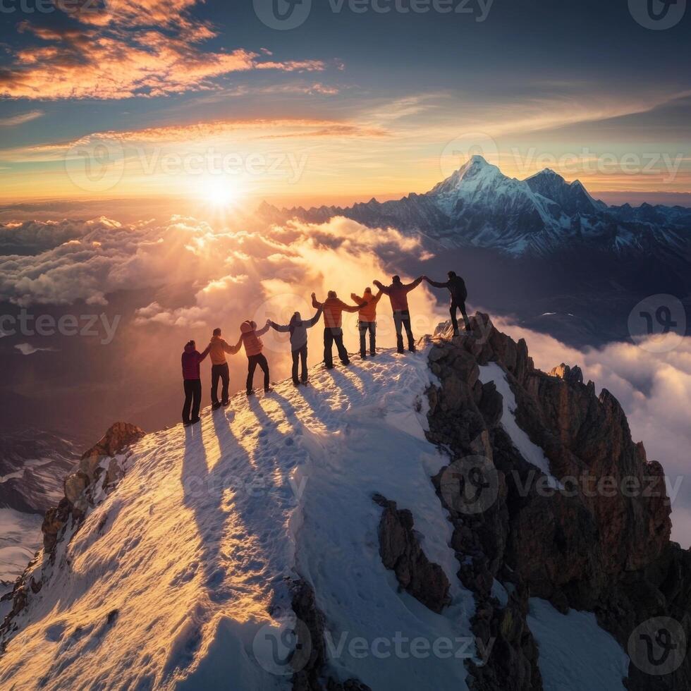 Group of climbers celebrating at sunrise on a snow-covered mountain peak in the Himalayas photo