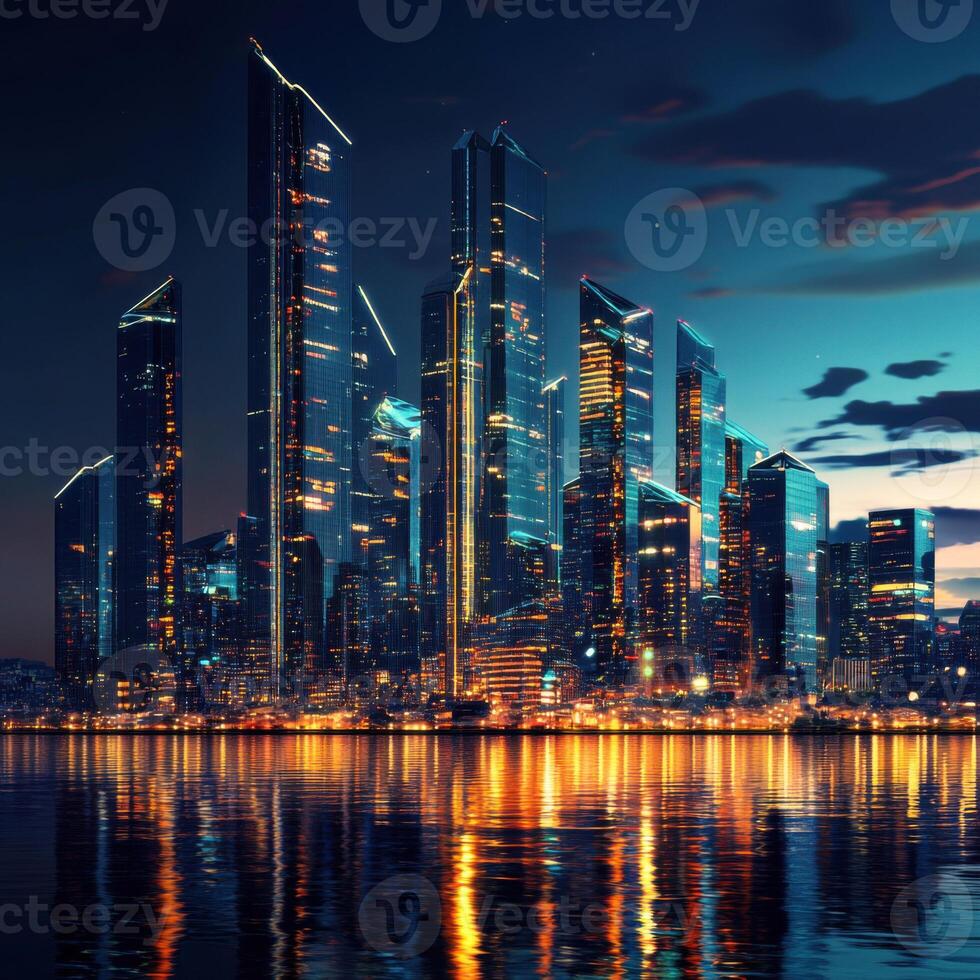 Majestic city skyline illuminated by twilight reflecting on calm waters photo