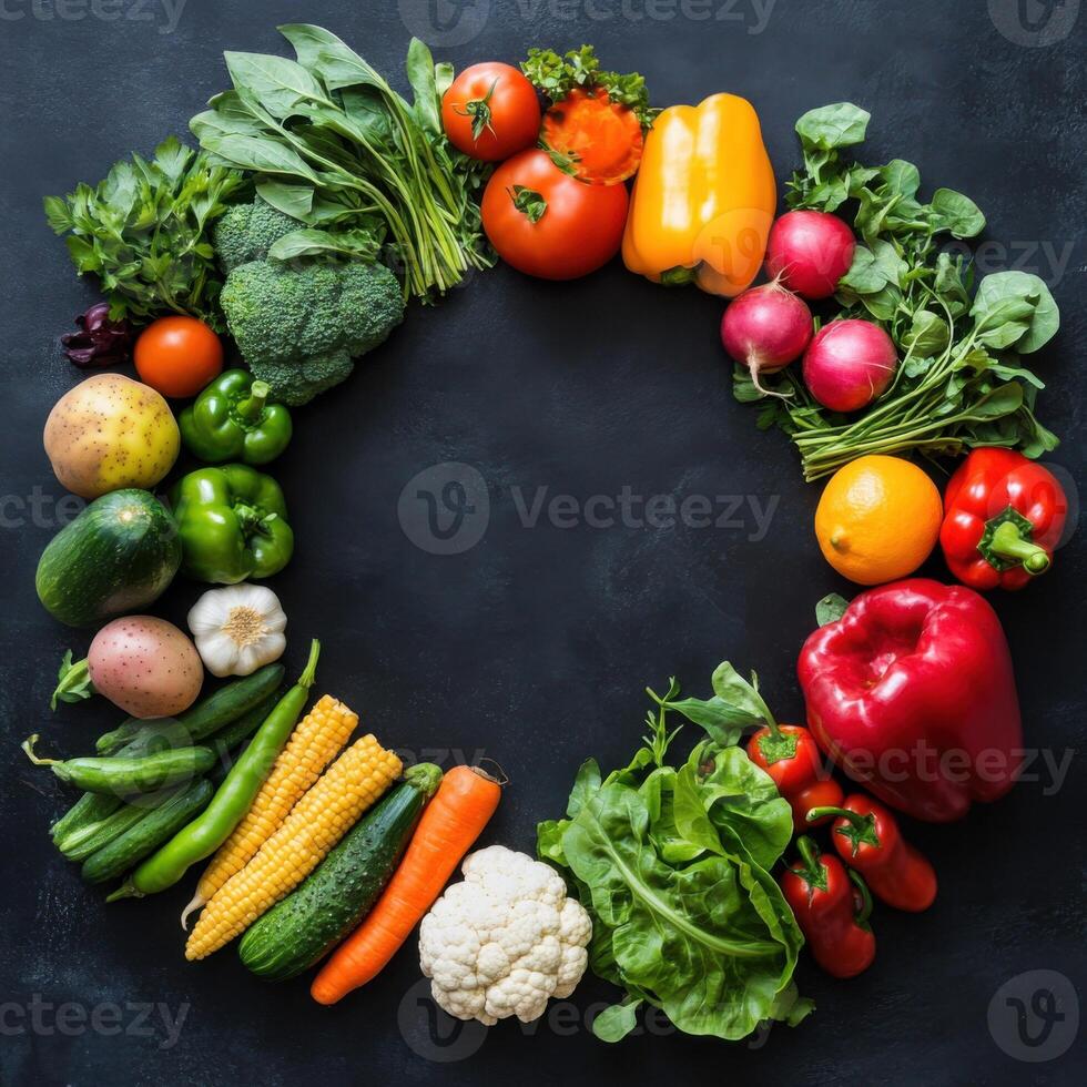 Fresh vegetables arranged in a circular pattern showcasing vibrant colors and variety in a kitchen setting photo