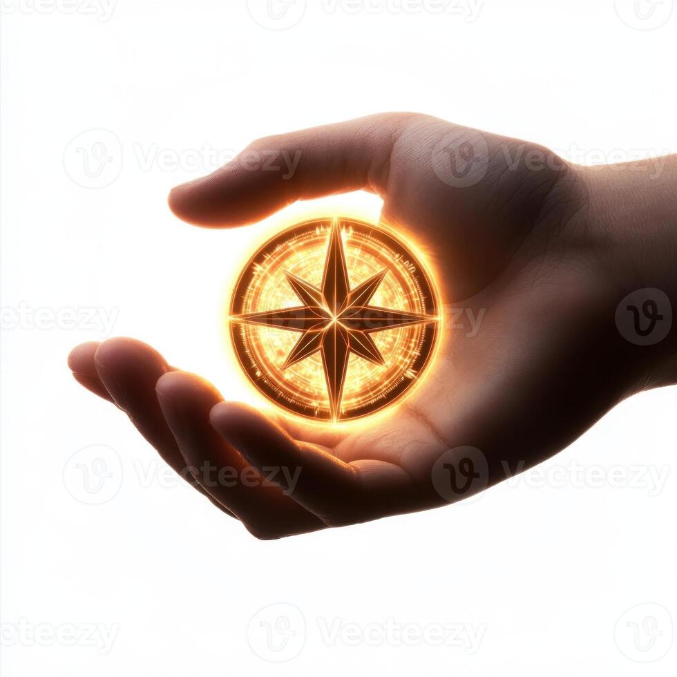 Hand holding a glowing compass symbolizing direction and guidance in uncertain times photo