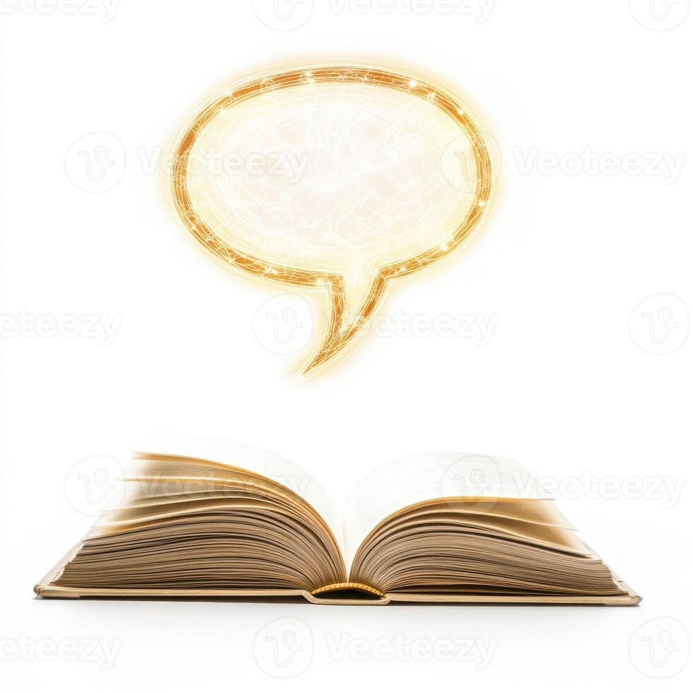 Open book with glowing speech bubble above, symbolizing communication and knowledge exchange photo