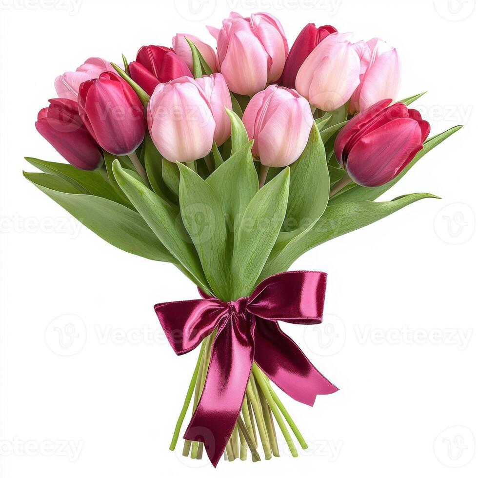 Colorful bouquet of tulips wrapped with a ribbon on a plain background ready for gifting or decoration photo