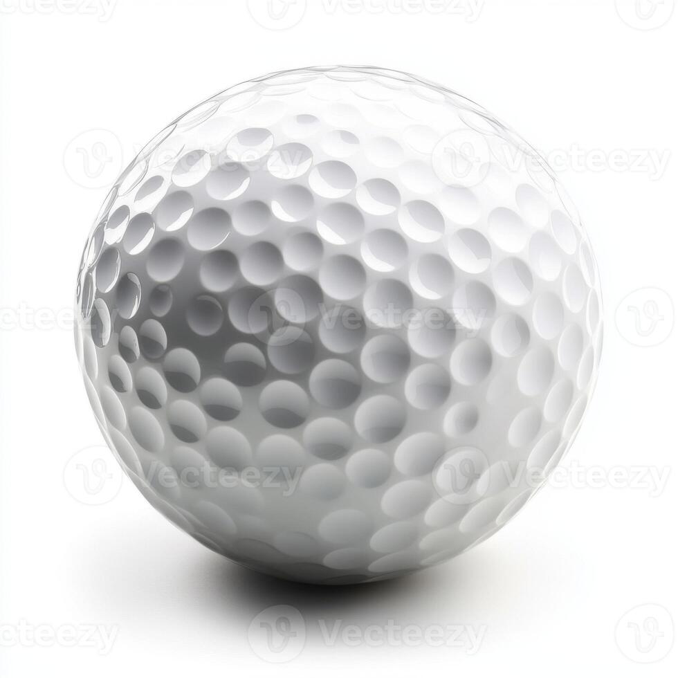 White golf ball resting on a smooth surface, highlighting the dimples and spherical shape, perfect for a game of golf photo