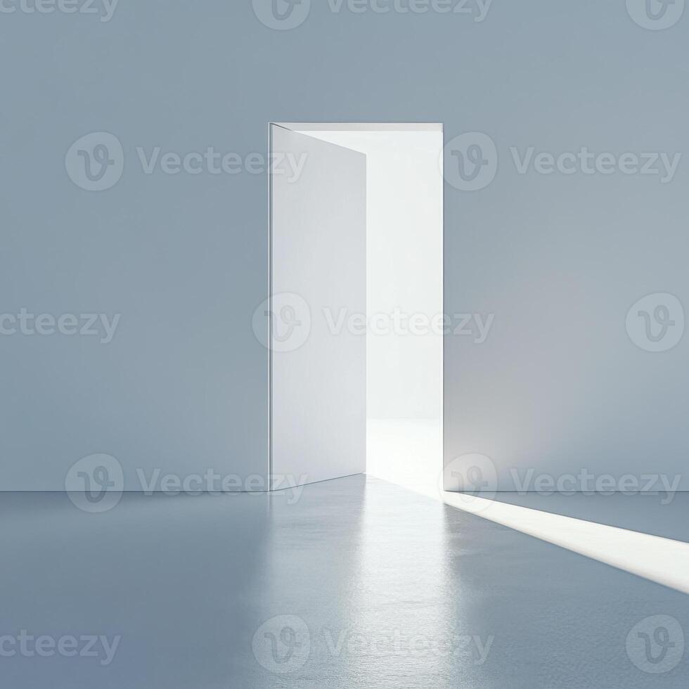 Bright light streams through an open door in a minimalist room creating a serene atmosphere photo