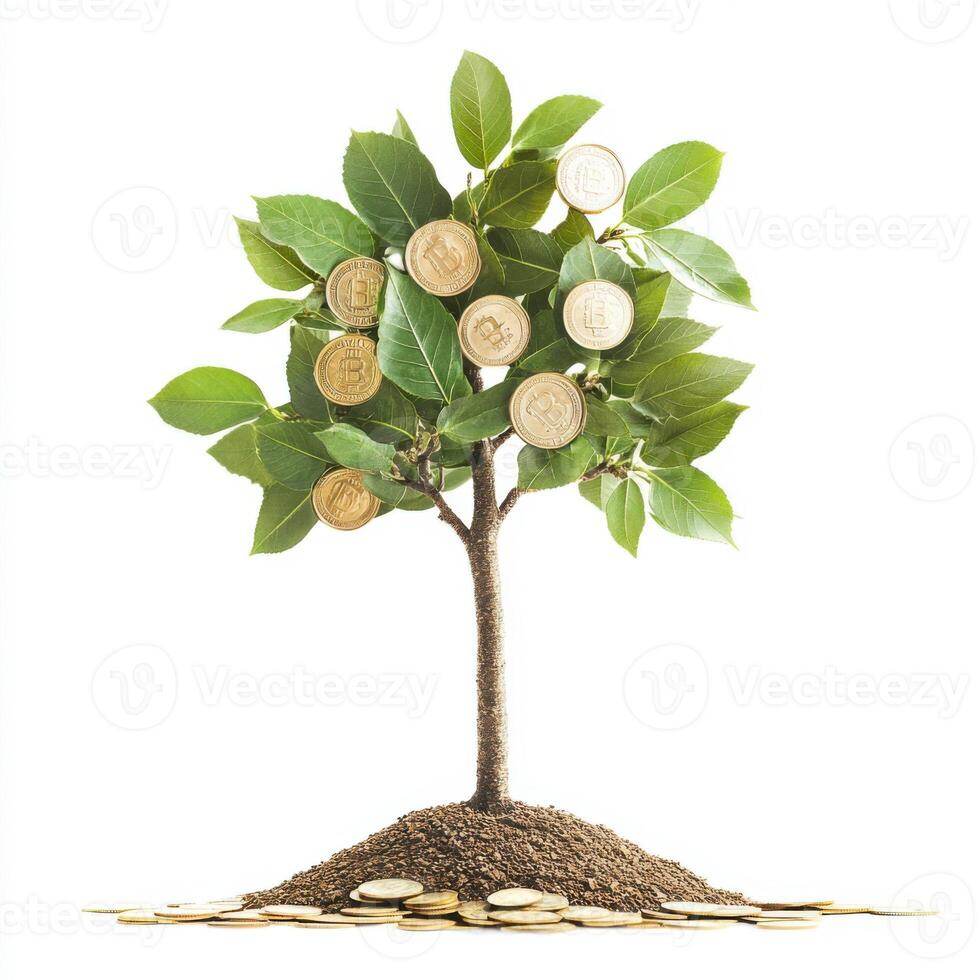 Money tree growing from soil with coins as leaves symbolizing wealth and prosperity photo