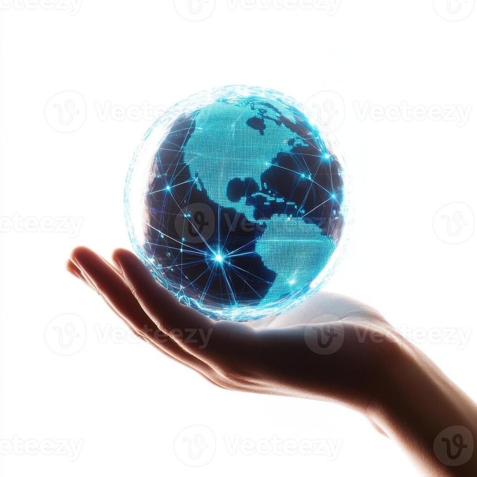 Holding a digital globe symbolizing global connectivity and technology in a hand against a white background photo