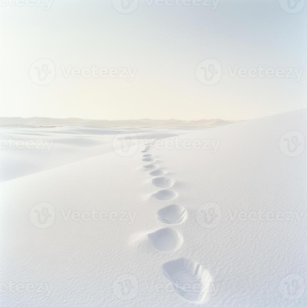 Snow-covered landscape showing footprints leading through pristine white terrain on a clear winter day photo