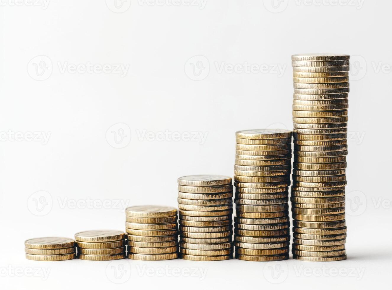 Stacks of silver coins arranged in ascending order illustrating financial growth with a clean background photo
