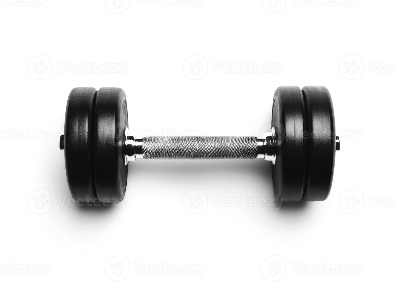 Black dumbbell placed on a white background ready for weight training exercises at home or gym photo