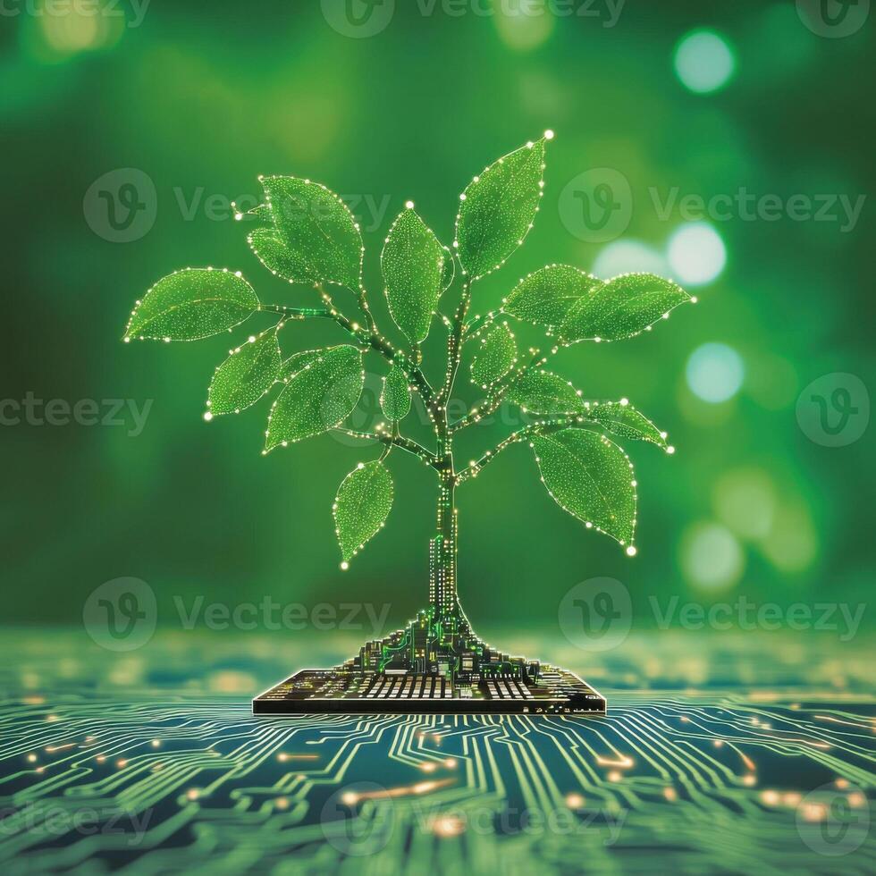 Green technology symbolizes harmony between nature and innovation in a futuristic landscape photo