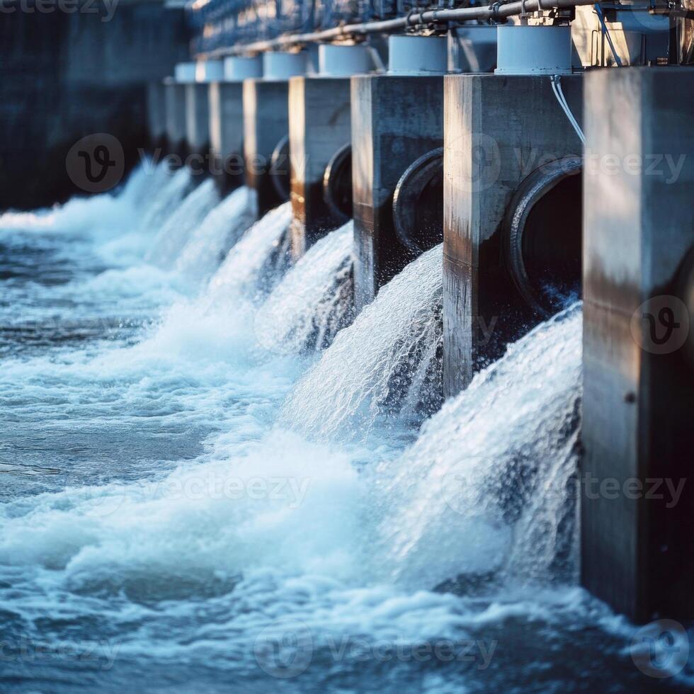 Water flows from drainage pipes into a river at a treatment facility during midday photo