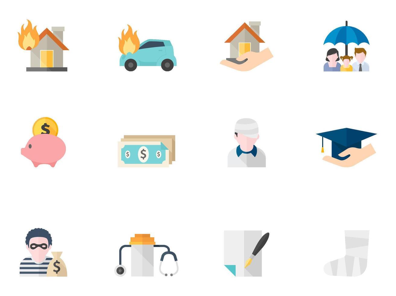 Insurance icons in flat color illustration vector