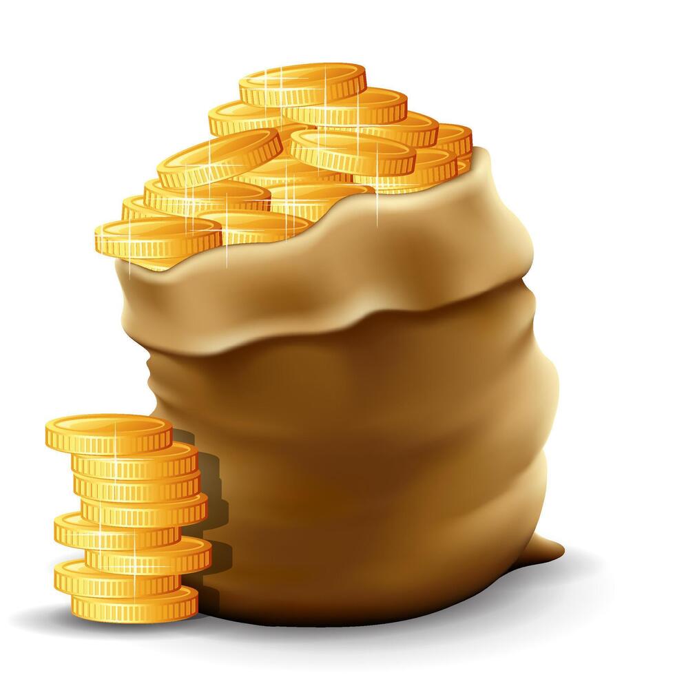 Illustration of a sack with full gold coins in it illustration vector