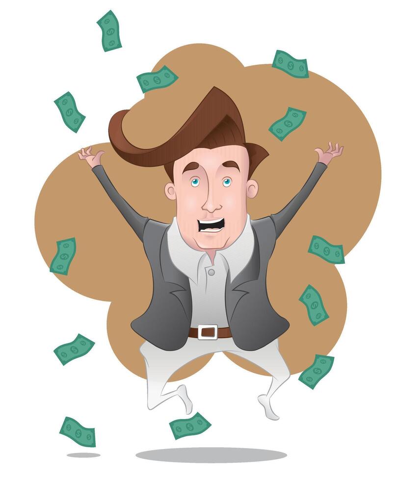 Businessman jumping in joy with a lot of money surrounding illustration vector
