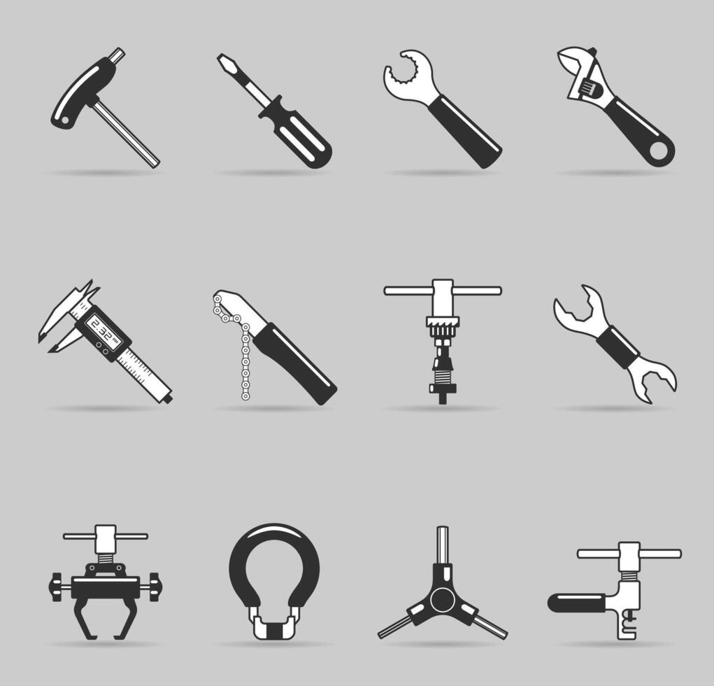 Bicycle tools icon set in black and white illustration vector