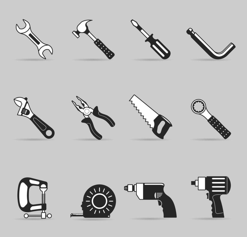 Hand tools icon set in black and white illustration vector
