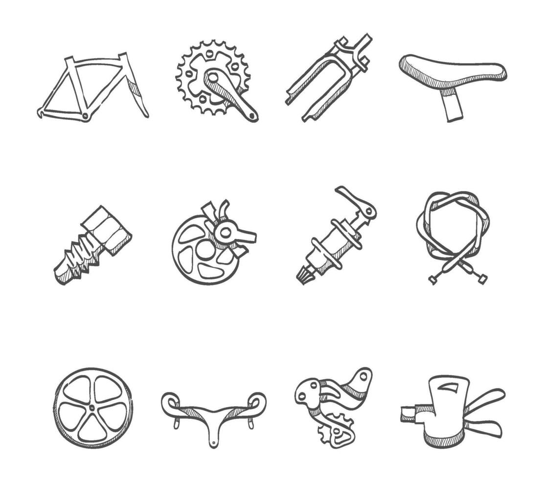 Bicycle part icons hand drawn illustration vector