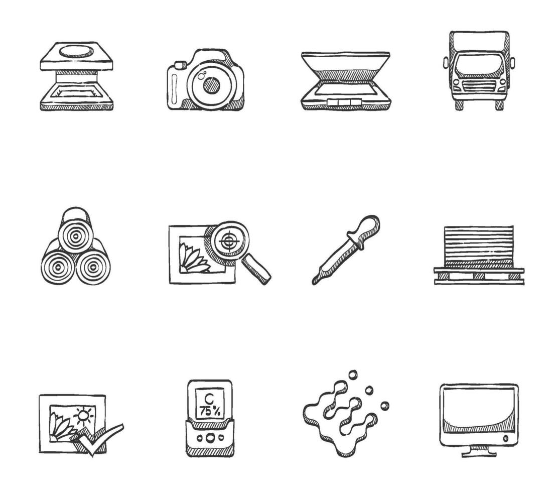 Printing and graphic design icons hand drawn illustration vector