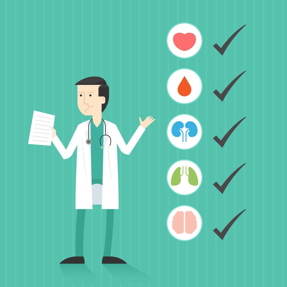 Doctor with list of medical check up. Heart, blood, kidney, lung, brain vector