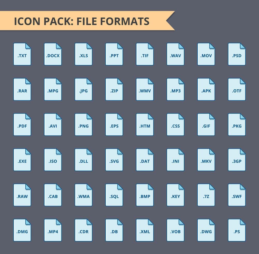 Set of file format icons. , audio, presentation, texts, movie, apps, pixel editor vector