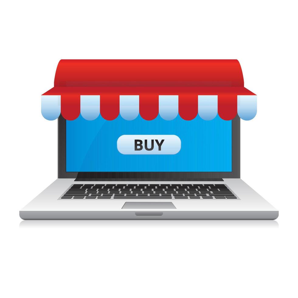 Laptop with red and white ribbon awning. Online shop. vector