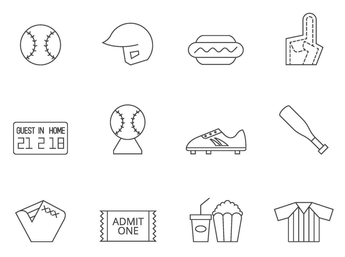 Baseball related icon series in thin outlines. vector