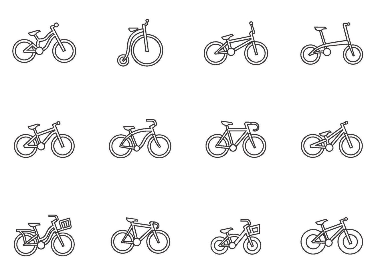 Bicycle type icons in thin outlines. illustration. vector