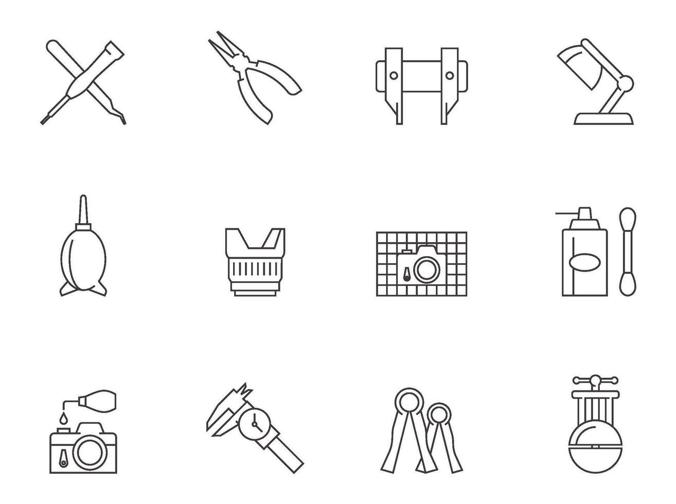 Camera repair tool icons in thin outlines. vector