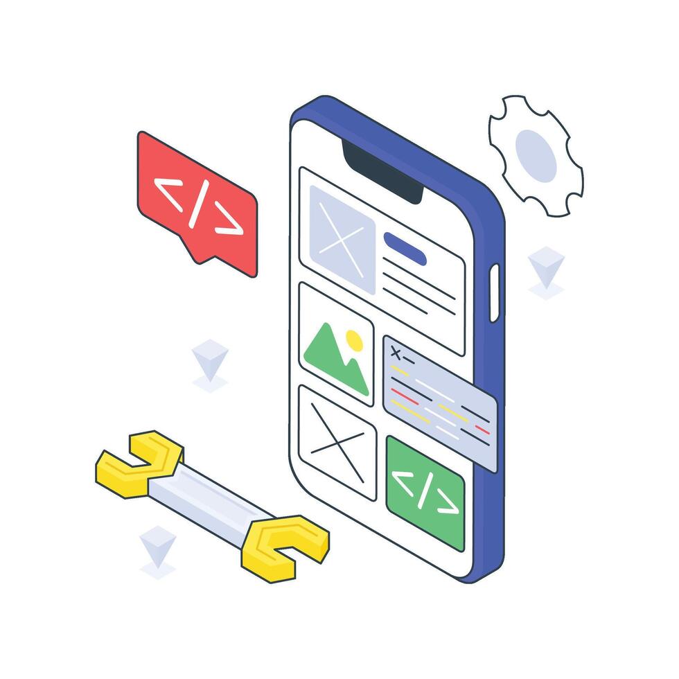 App Development mob isometric Colored illustration vector