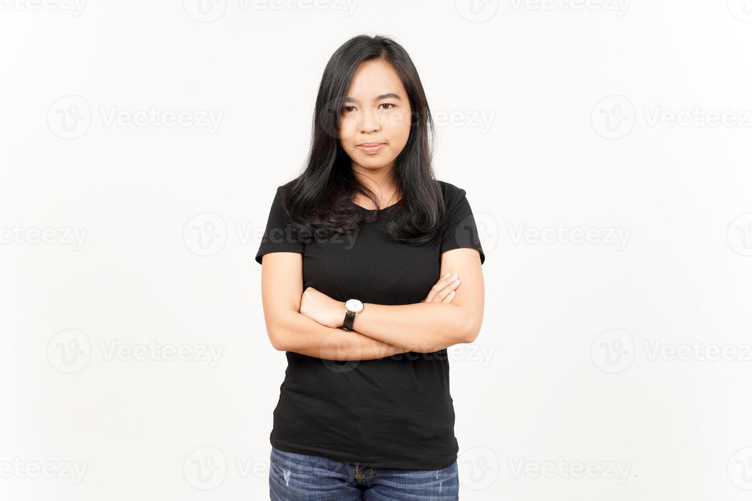 Folding arms and looking at camera of Beautiful Asian Woman Isolated On White Background photo