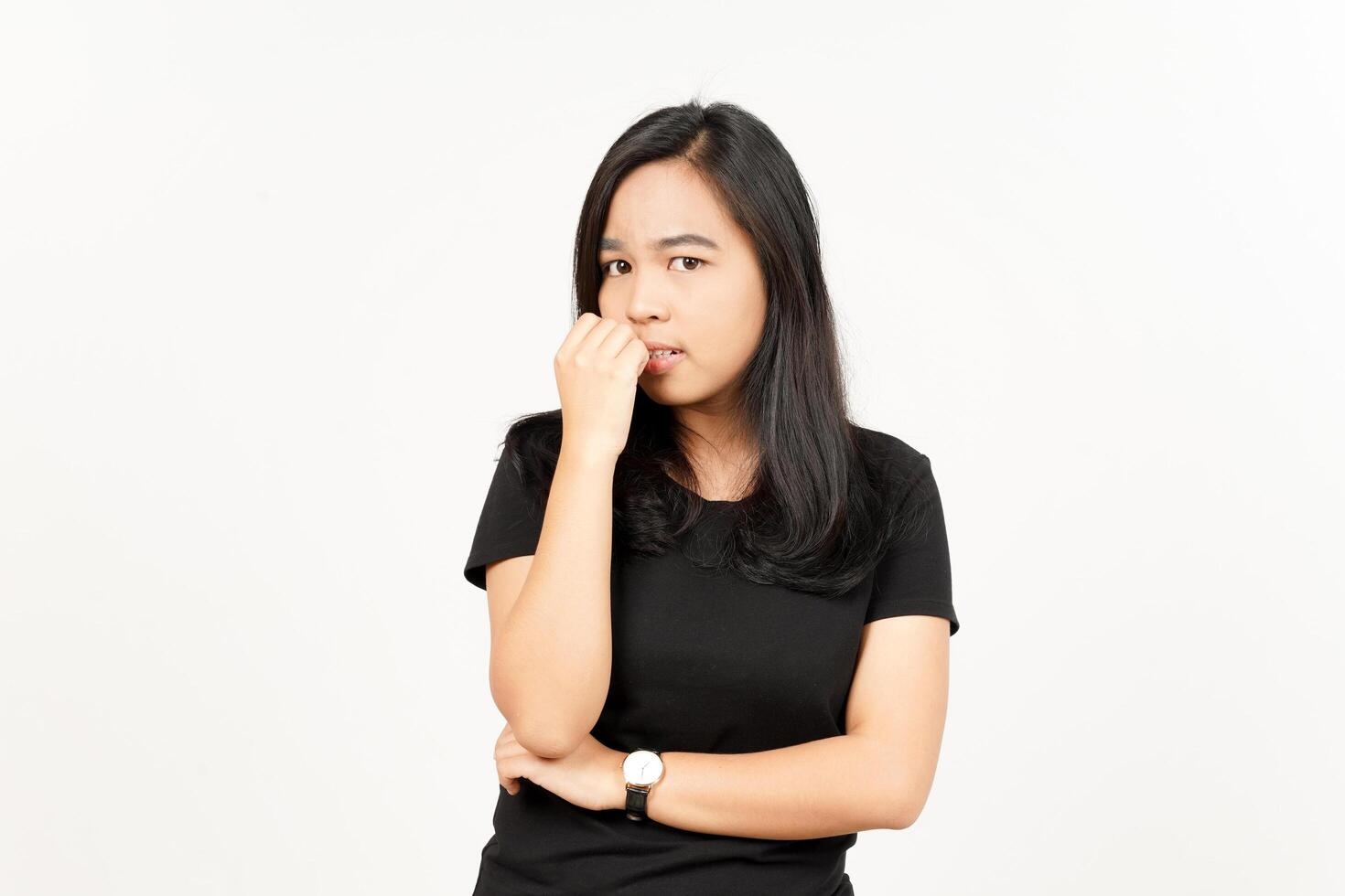 Afraid and worried face expression of Beautiful Asian Woman Isolated On White Background photo