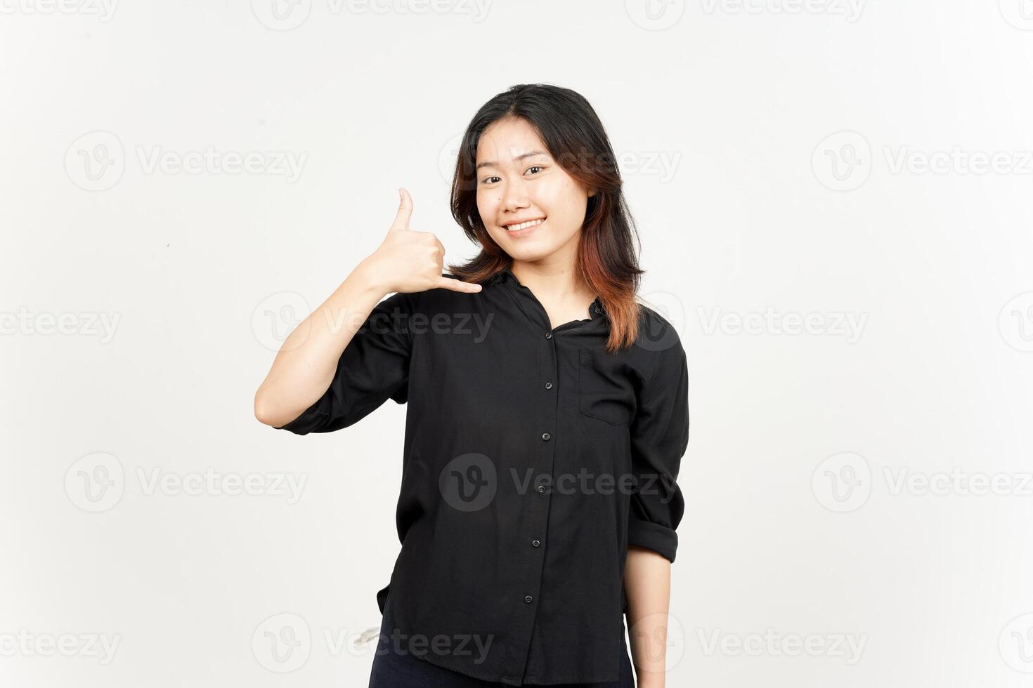 Call me back gesture of Beautiful Asian Woman Isolated On White Background photo