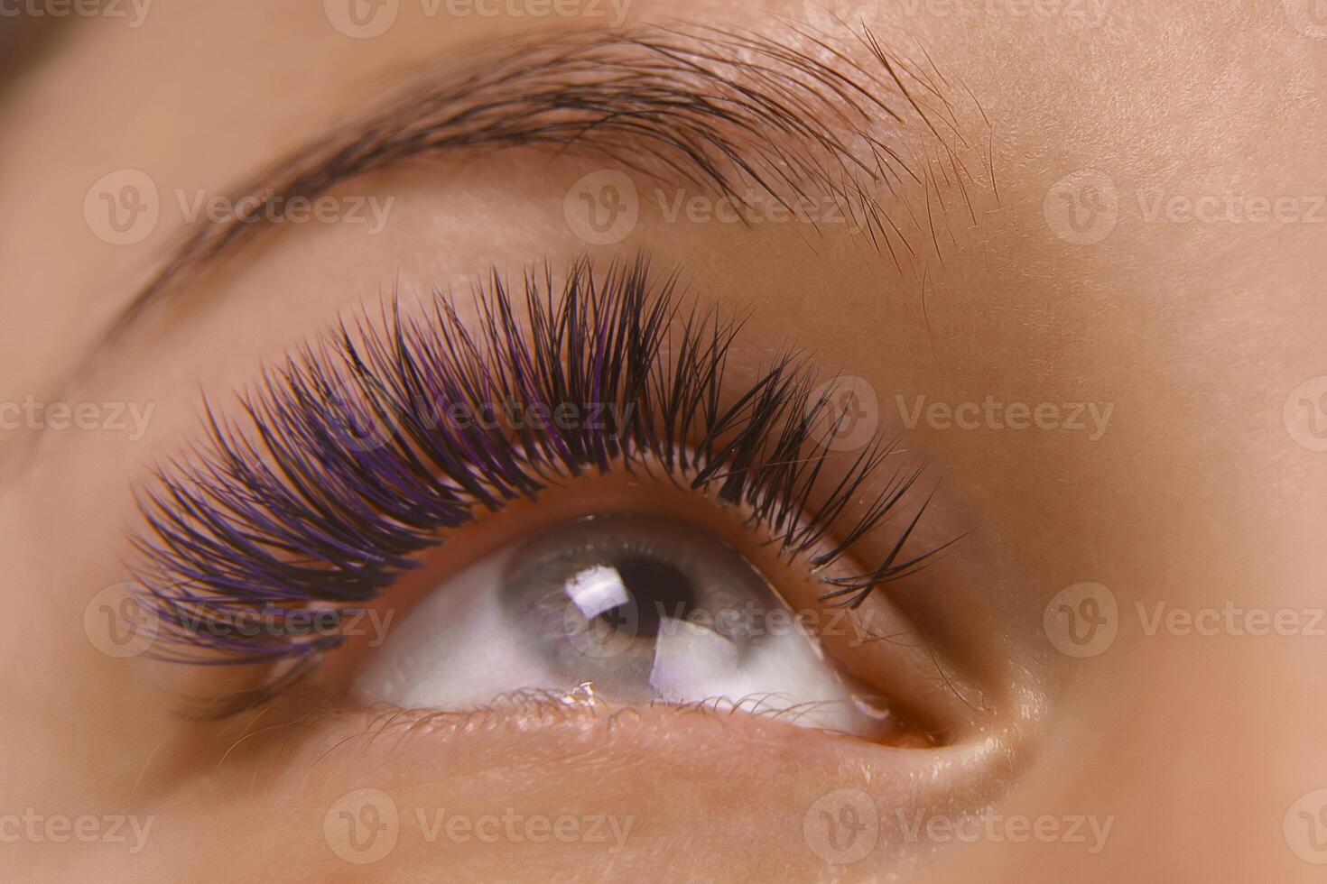 Eyelash Extension Procedure. Close up view of beautiful female eye with long eyelashes, smooth healthy skin. photo