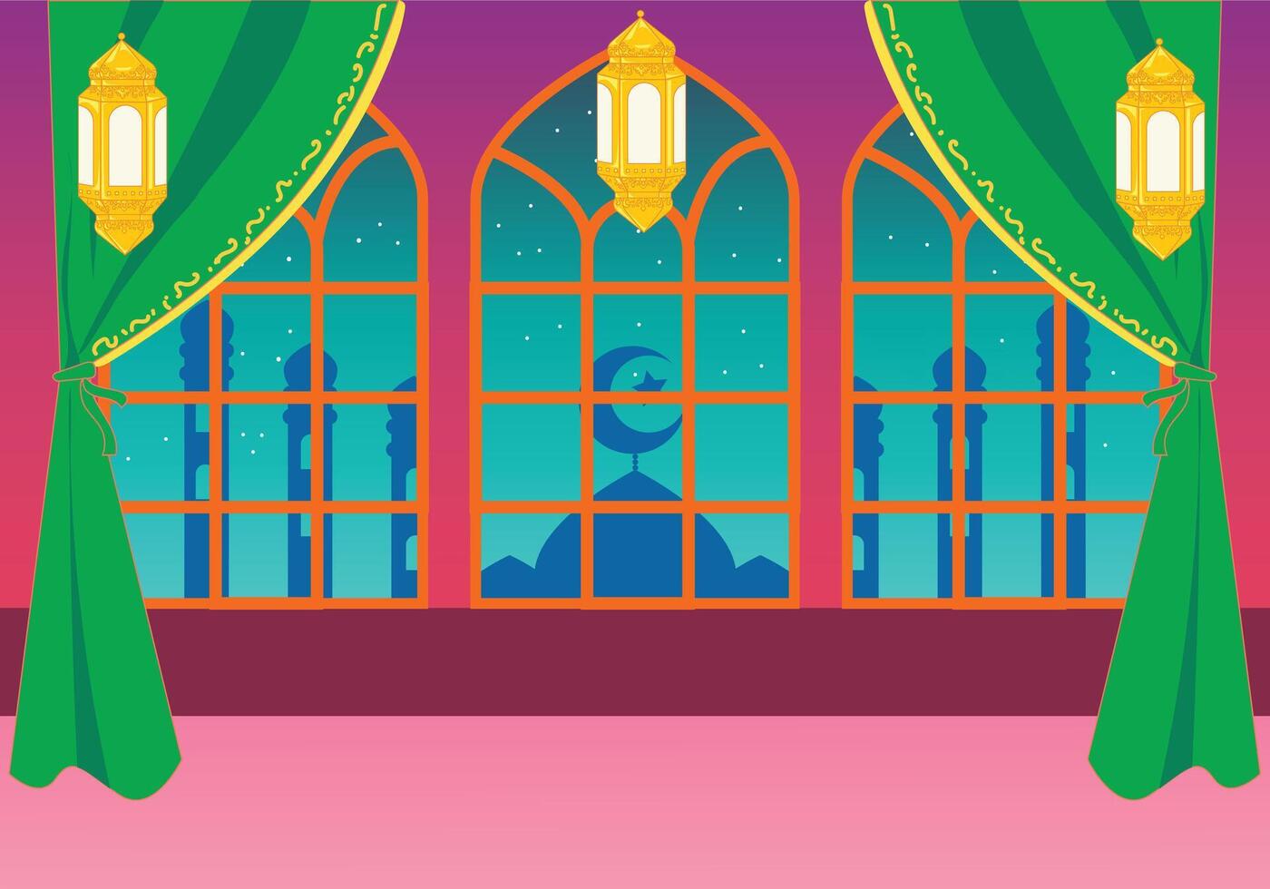 Warm Ramadan home background with a large window view of a beautiful mosque silhouette at dusk. vector